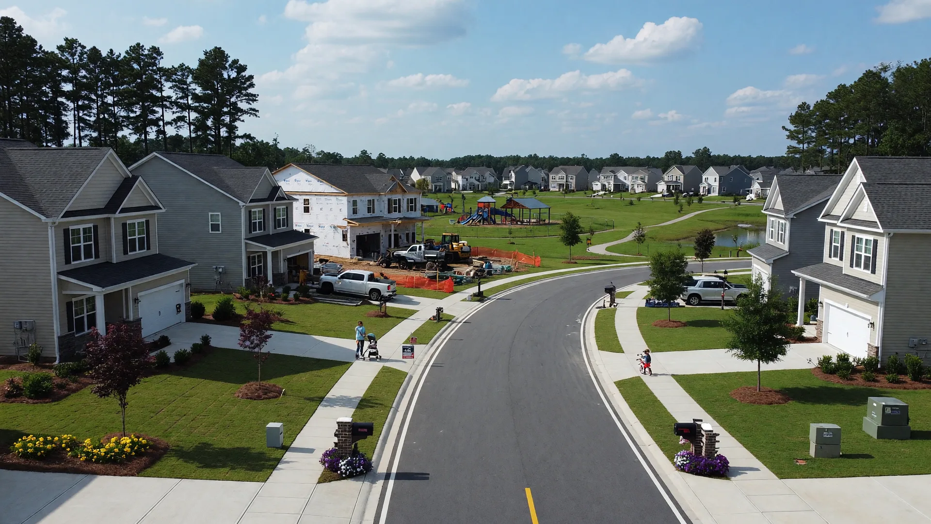 Modern suburban homes with manicured lawns in Indian Land SC, a rapidly growing community near Charlotte