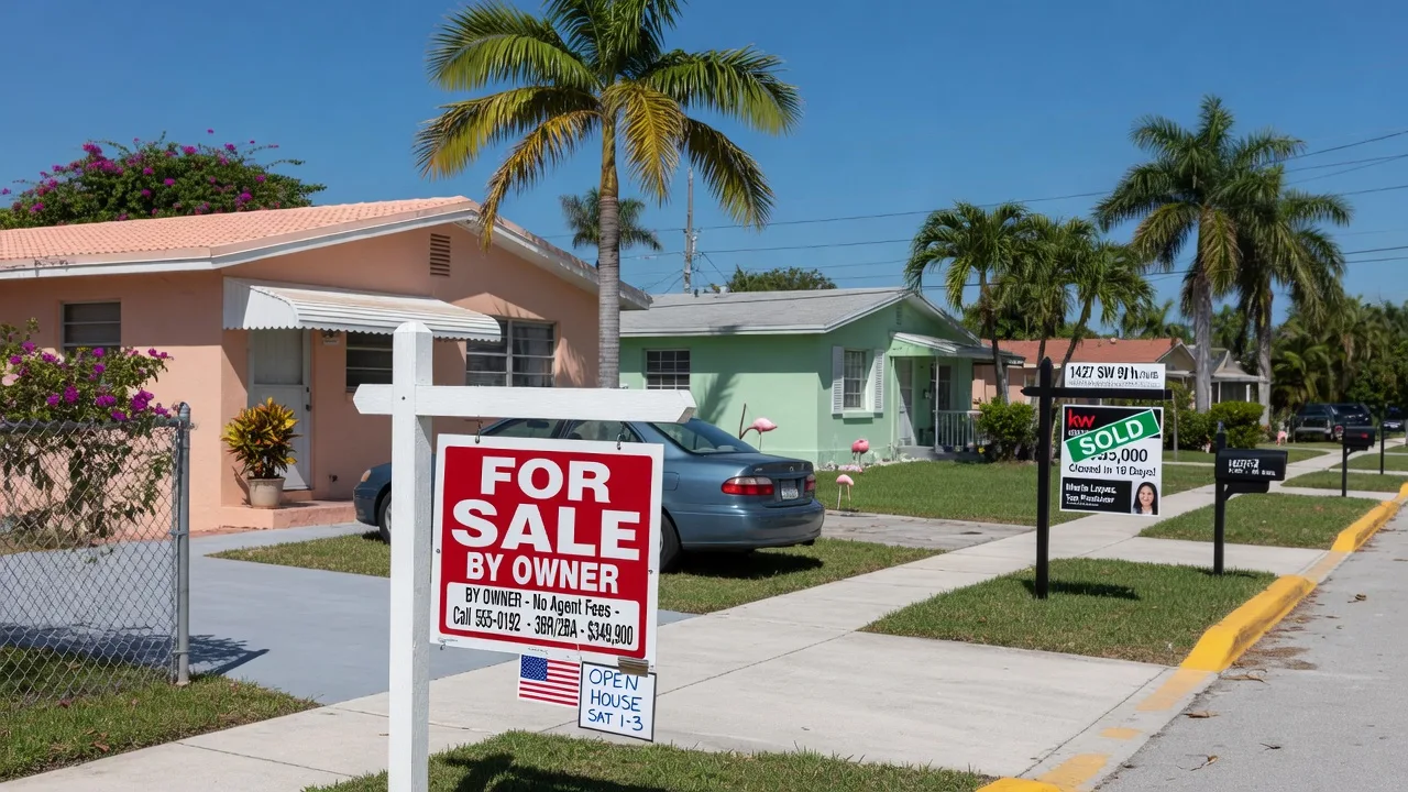 For Sale by Owner sign next to a Sold sign on a South Florida residential street