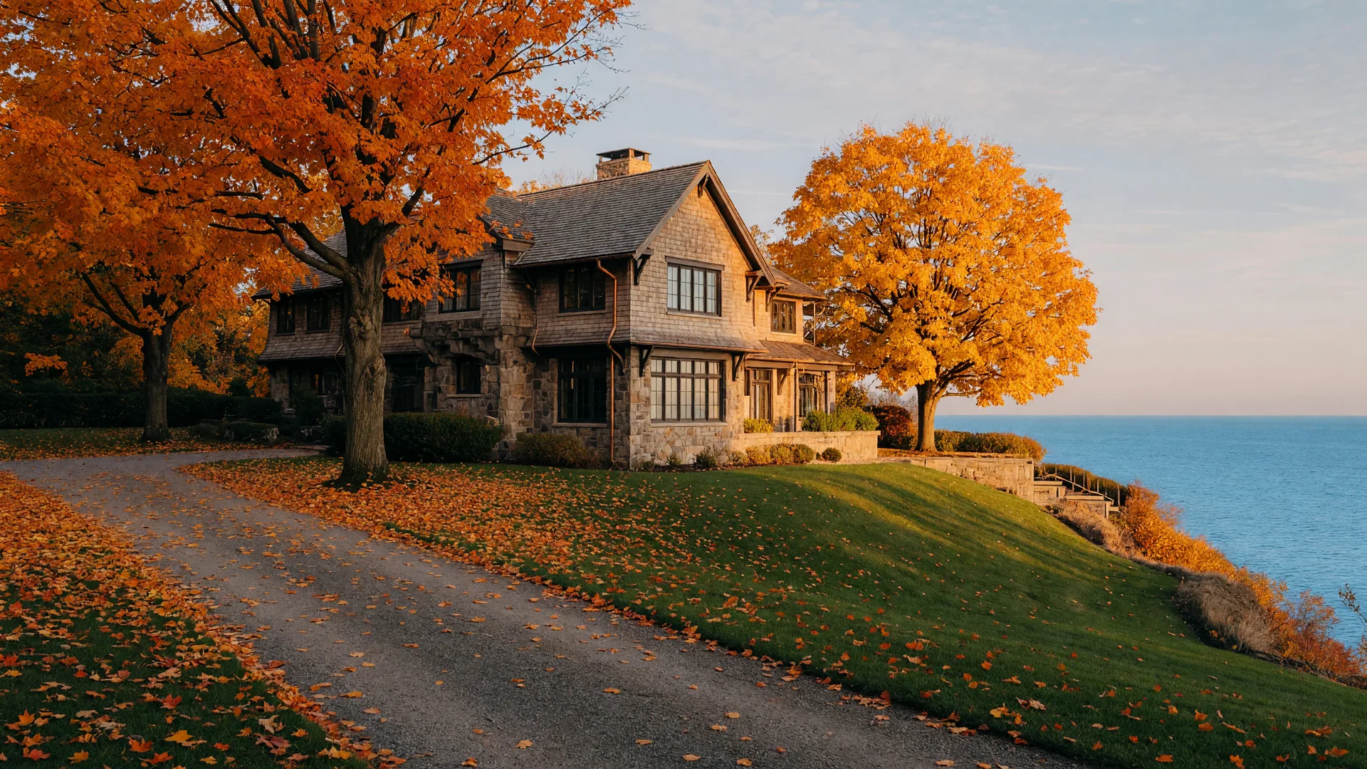 Stately lakefront luxury home on a bluff above Lake Erie in Bay Village, Ohio on a late October morning, stone and shingle facade, sugar maples in autumn color, and golden-hour light on the driveway