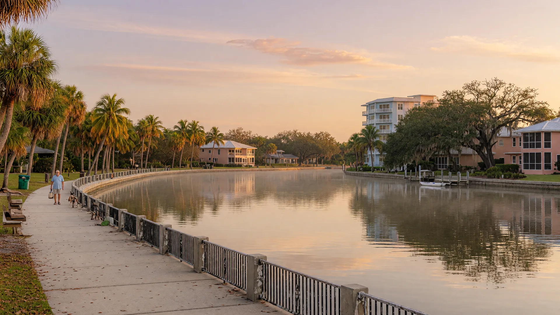 Tampa Bay waterfront at golden hour with palm trees, a calm waterway, and modern shoreline homes