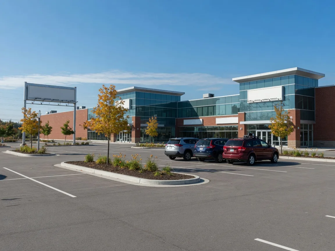 Modern brick-and-glass shopping complex with a wide parking lot in north Oshawa