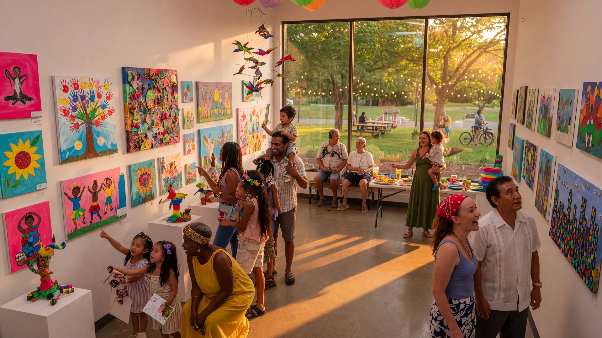 Families and children gathered around colorful artwork displayed on white walls at the Abington Art Center gallery during a summer evening opening, warm golden light through large windows