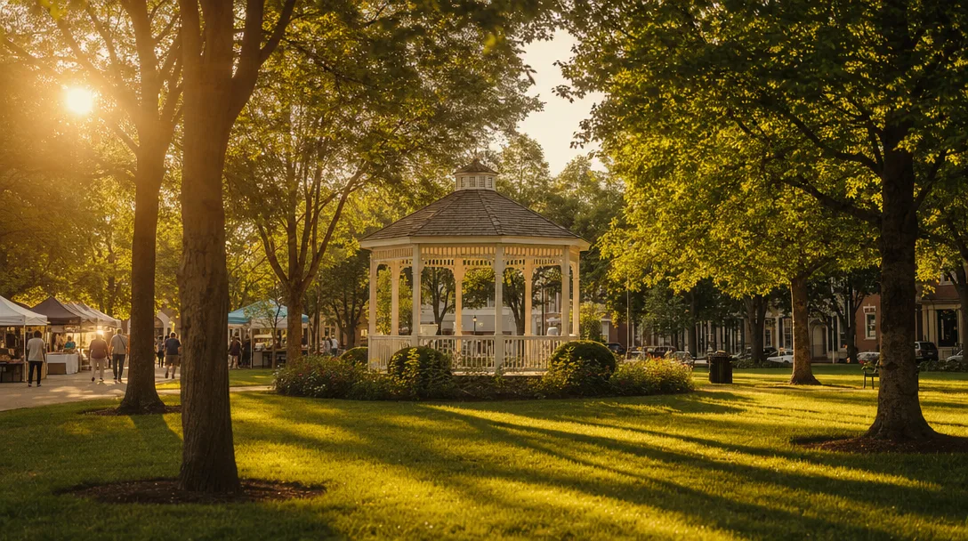 Medina's historic Public Square with white gazebo and market tents on a late-summer morning