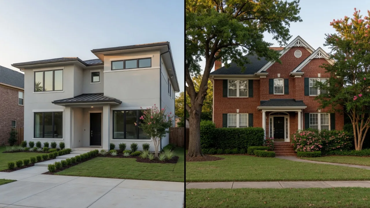 Editorial illustration comparing new construction and resale housing