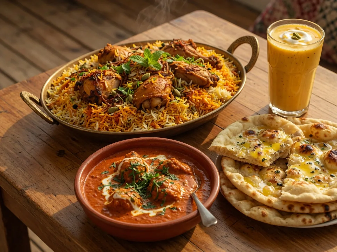 Chicken biryani, butter chicken, naan, and mango lassi at Sana's Cuisine near Atascocita