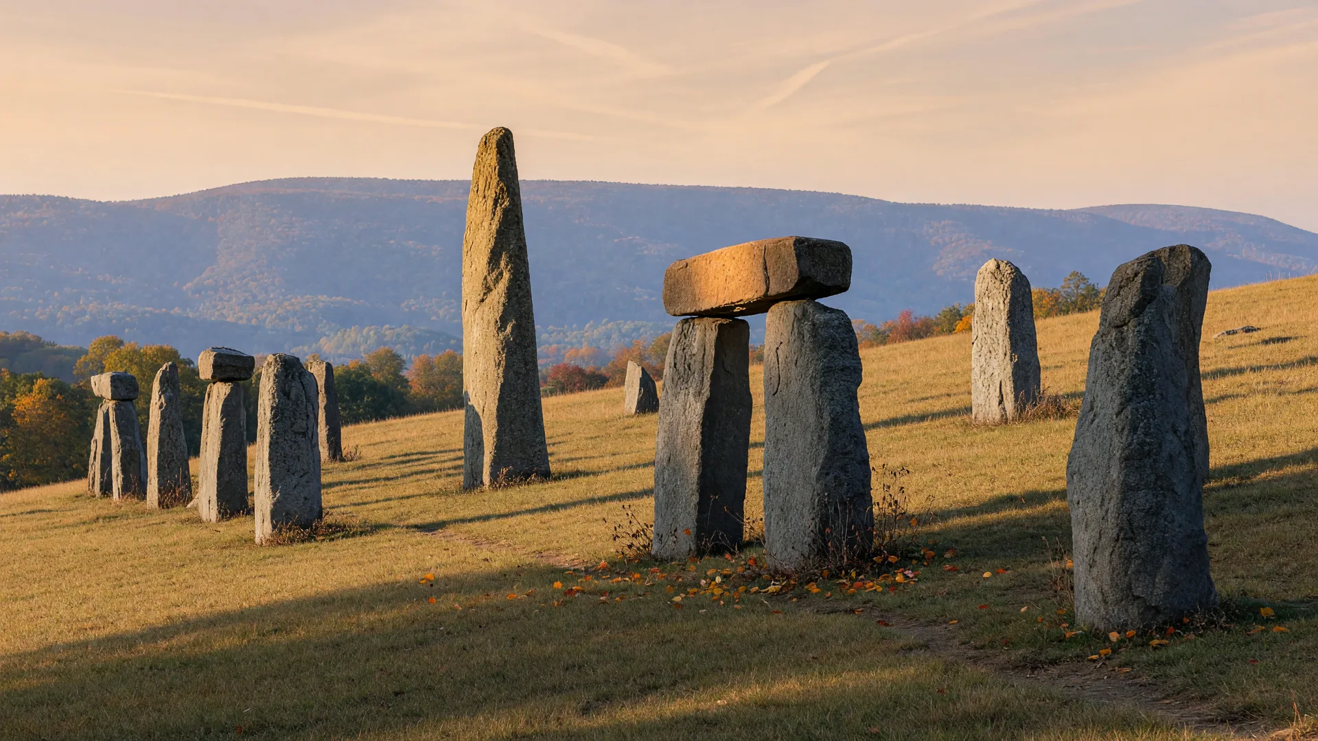 Standing stones and a trilithon in a golden meadow at Columcille Megalith Park on Blue Mountain in Bangor, Pennsylvania, in early October