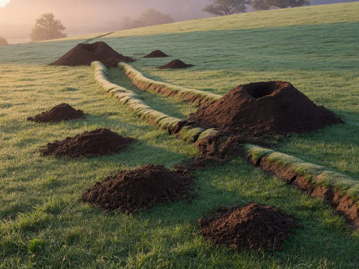 Fresh fan-shaped pocket gopher mounds and a winding raised mole tunnel ridge crossing a dew-covered green Hill Country lawn at dawn