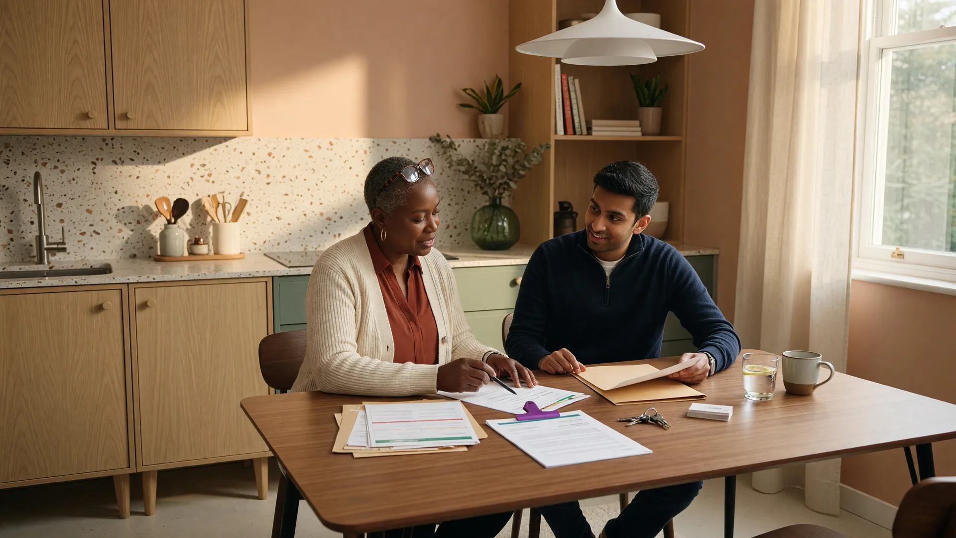 Landlord and prospective tenant reviewing rental application documents at a modern kitchen table
