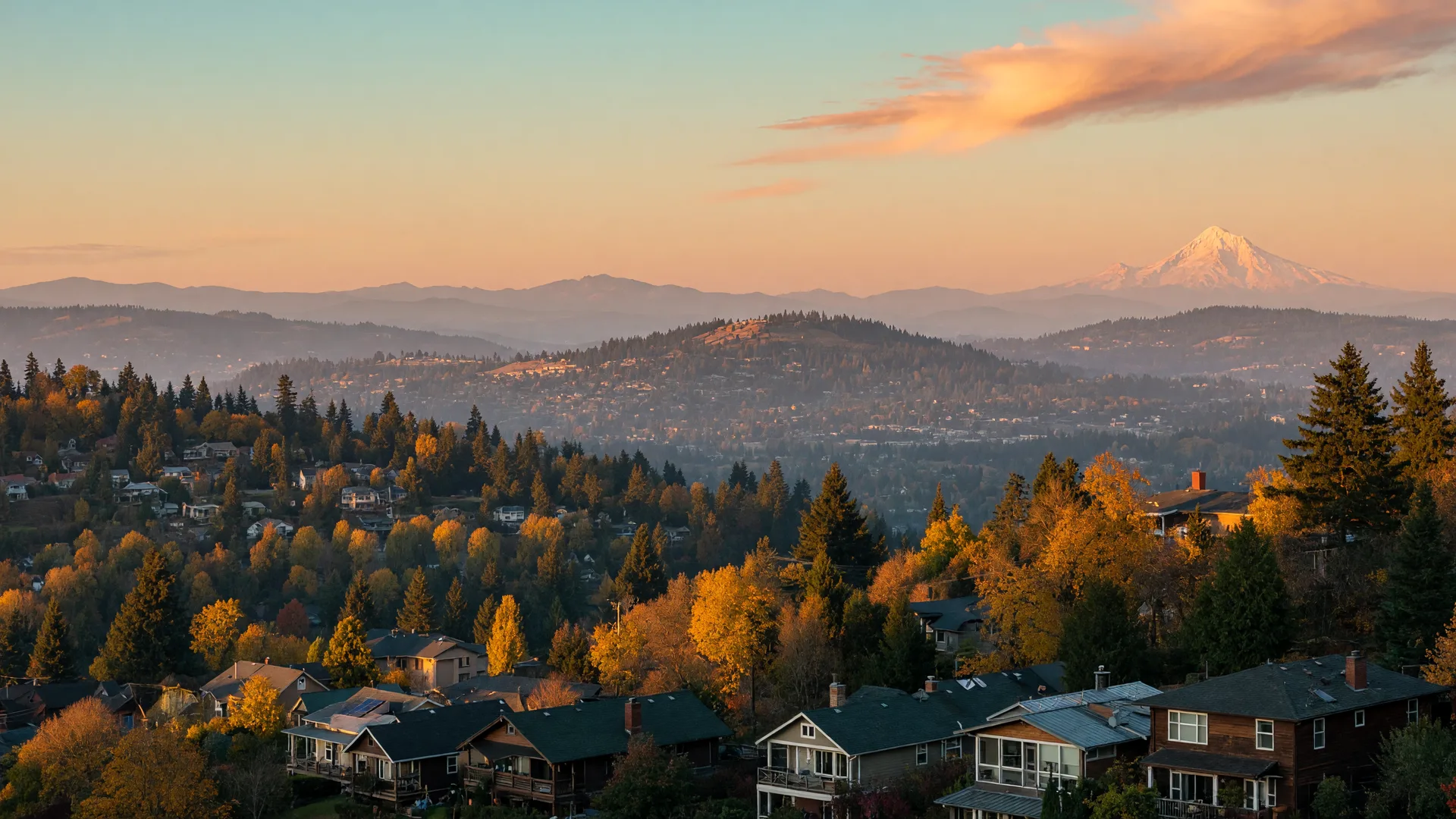 Hillside neighborhoods of Happy Valley at golden hour, rooflines scattered across tree-covered ridgelines with Mount Hood on the horizon