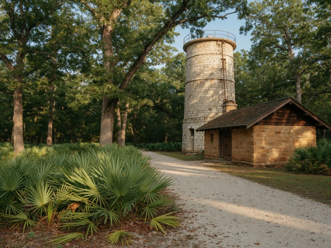 Historic 1930s limestone Civilian Conservation Corps water tower and sandstone buildings among oak and pecan trees at Palmetto State Park