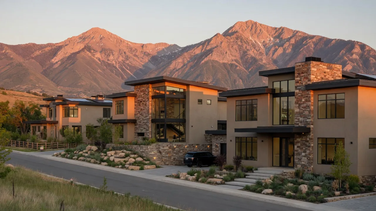 New construction luxury mountain modern homes in Draper, Utah — Point of the Mountain area with dramatic Wasatch Mountain views, master-planned community