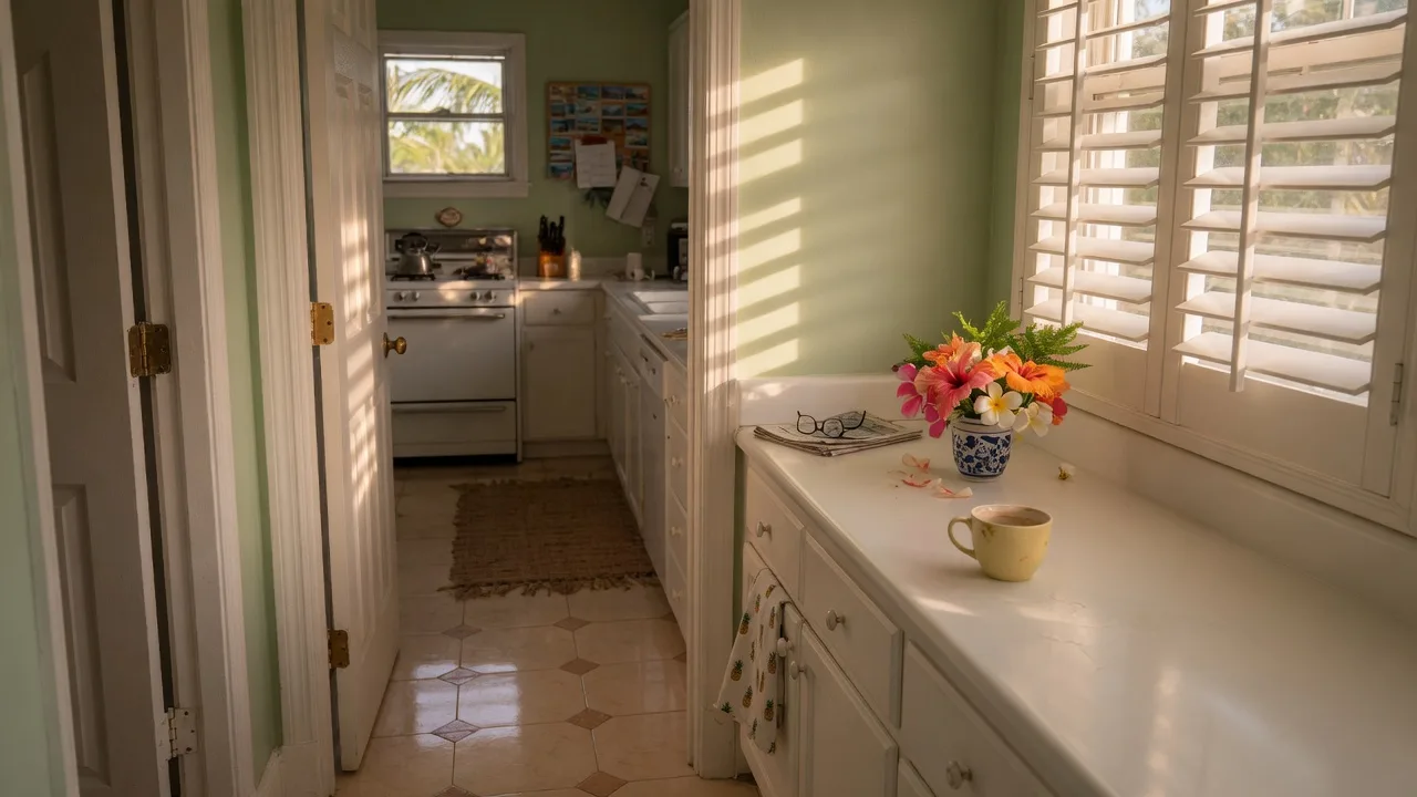 A sunlit kitchen in a Palm Beach County, Florida home, morning light streaming through plantation shutters.