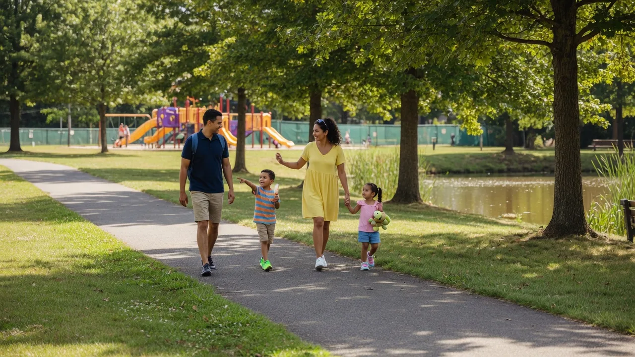 Family walking through a South Jersey park with children on a sunny afternoon