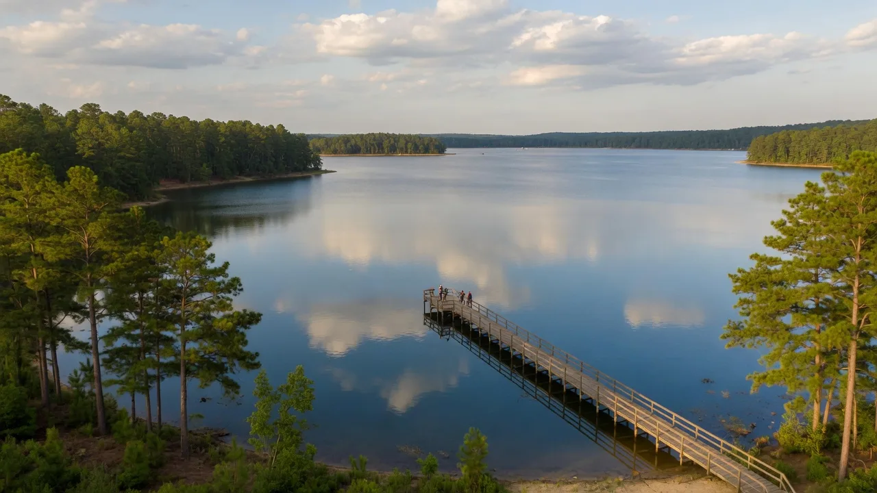 Jordan Lake State Recreation Area near Chapel Hill with pier and pine shoreline