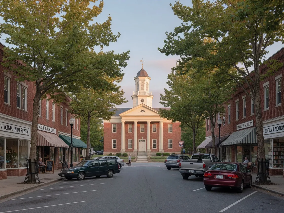 King George County town center with courthouse, shops, and tree-lined streets near Cleydael