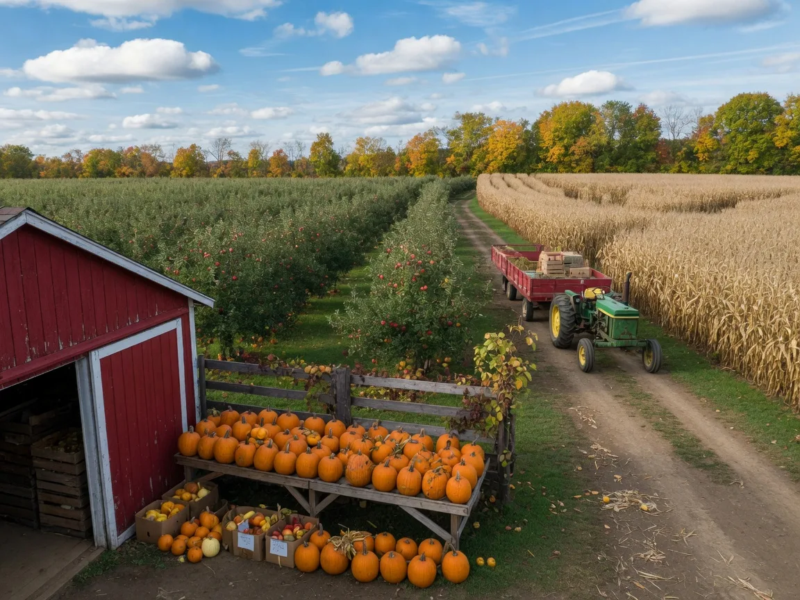 A Pennsylvania orchard in early October with a red barn and pumpkin stand in front of apple-tree rows and a tall corn maze under a bright blue sky