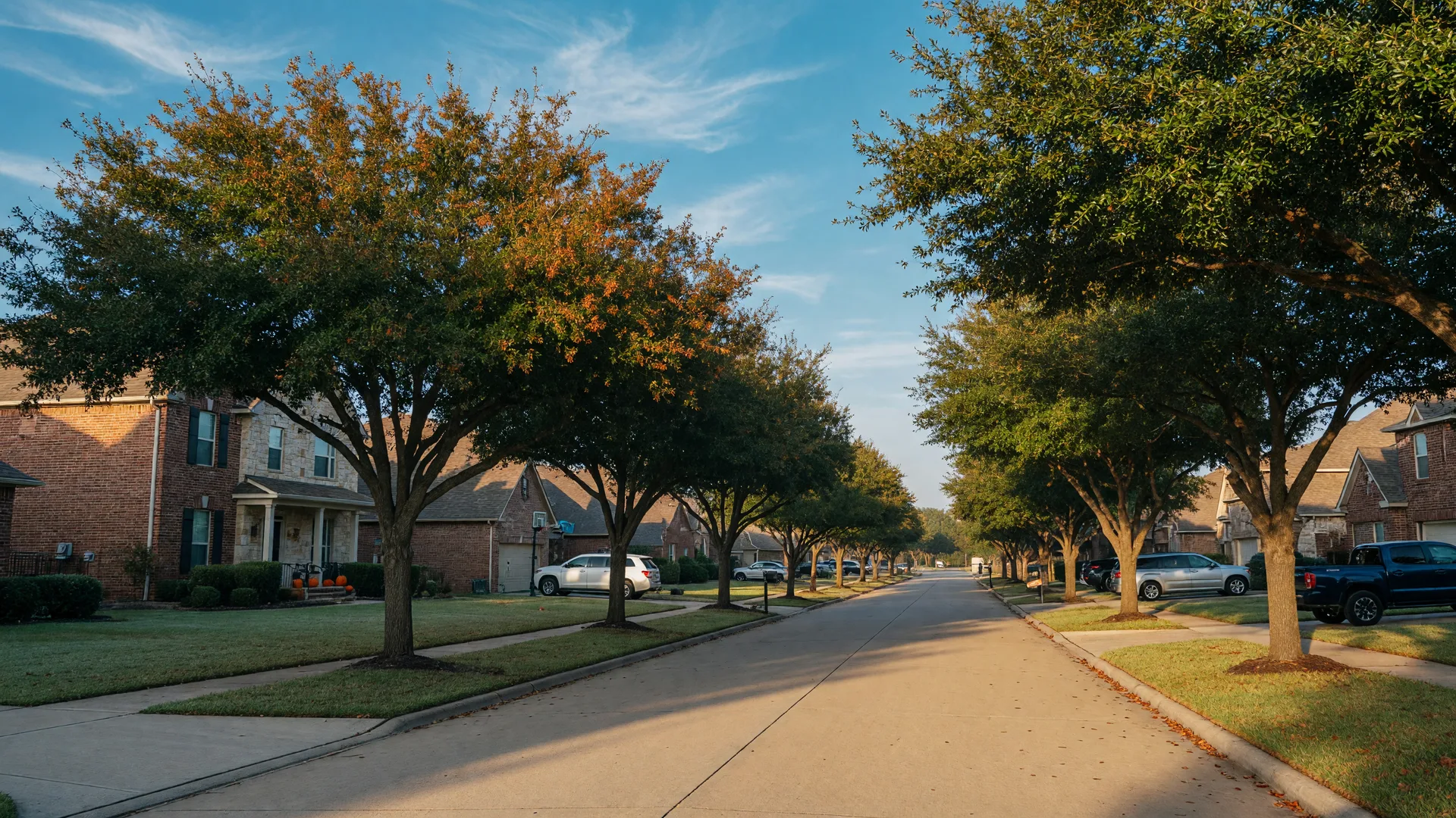 A leafy suburban street in Katy, Texas on a clear autumn morning