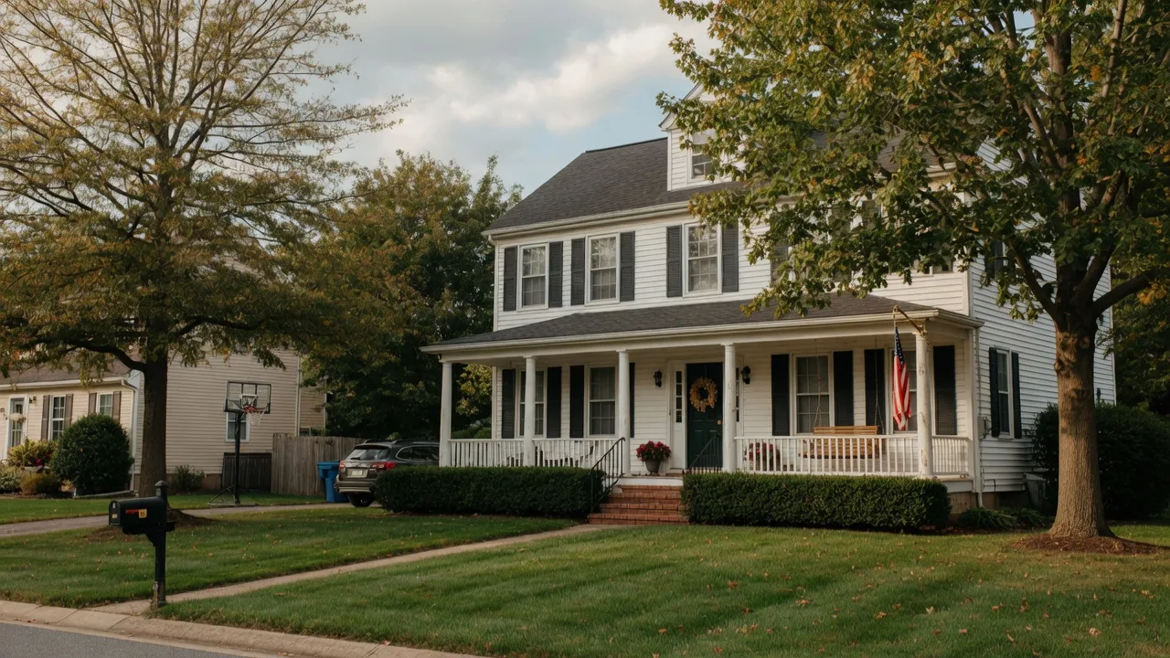 A well-maintained Maryland colonial home with a front porch and mature trees, representing a probate property that needs to be secured after the owner passes away