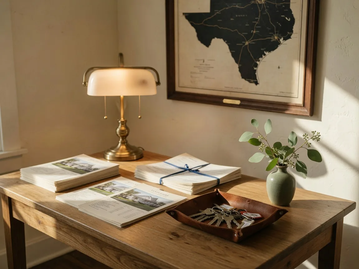 Sharon Yeary's broker desk: listings, contracts, and a tray of keys in a warm Texas office