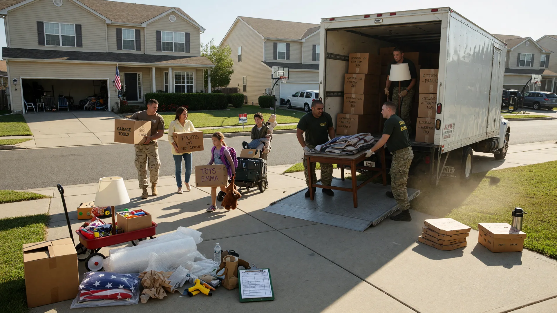Military family PCS moving scene with a moving truck being loaded outside a suburban home in warm morning light