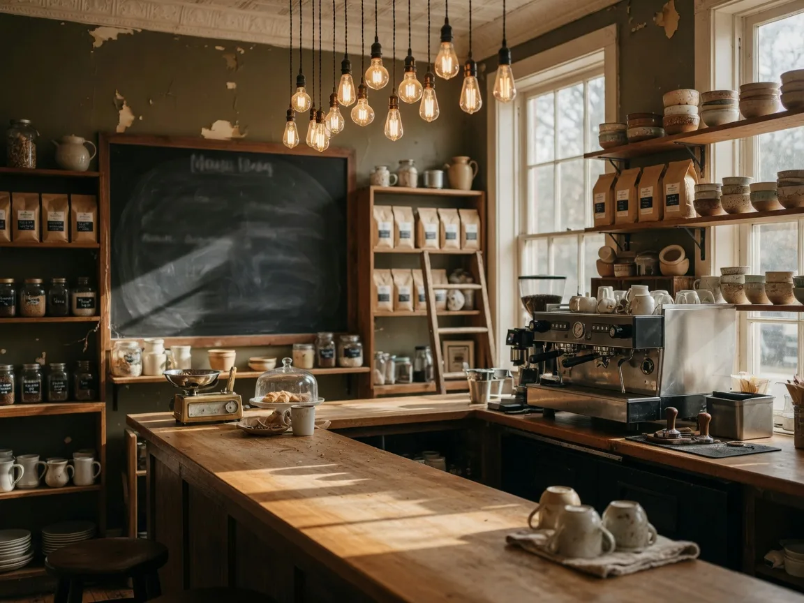 A cozy independent coffeehouse interior in Old Town Manassas with a wooden counter, Edison bulbs, and morning light