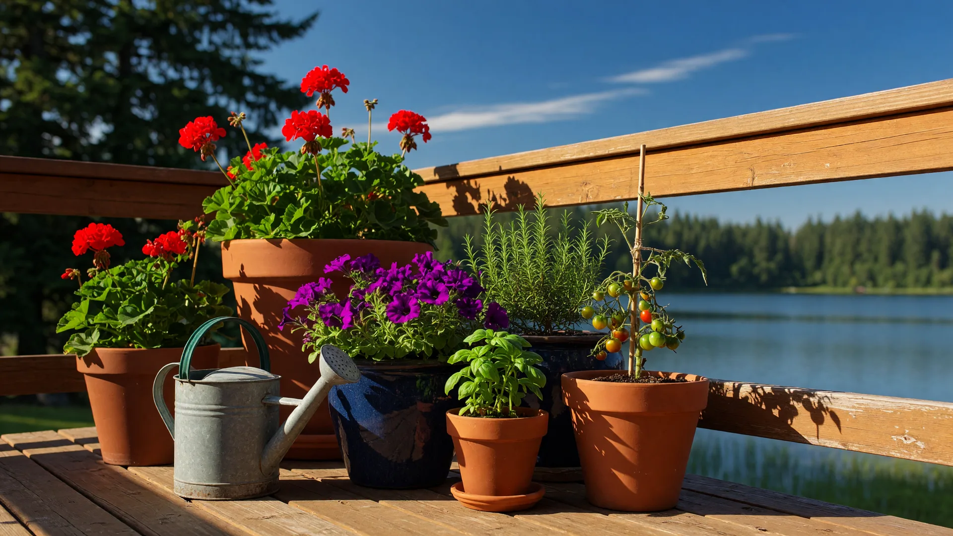 A sunlit patio container garden with terracotta pots of red geraniums, herbs, and a cherry tomato plant beside a watering can