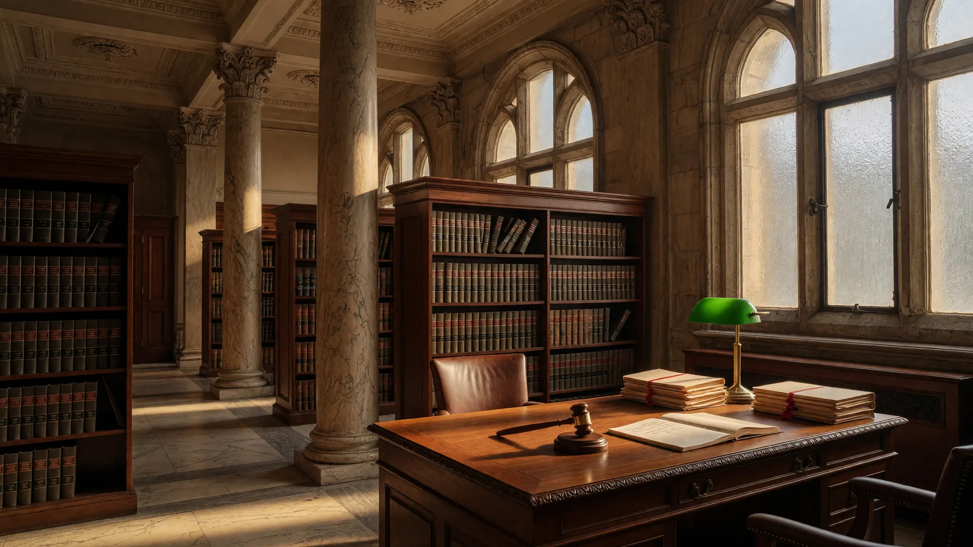 Maryland law library with classical columns and a gavel on a polished wooden desk, symbolizing the legal process of probate