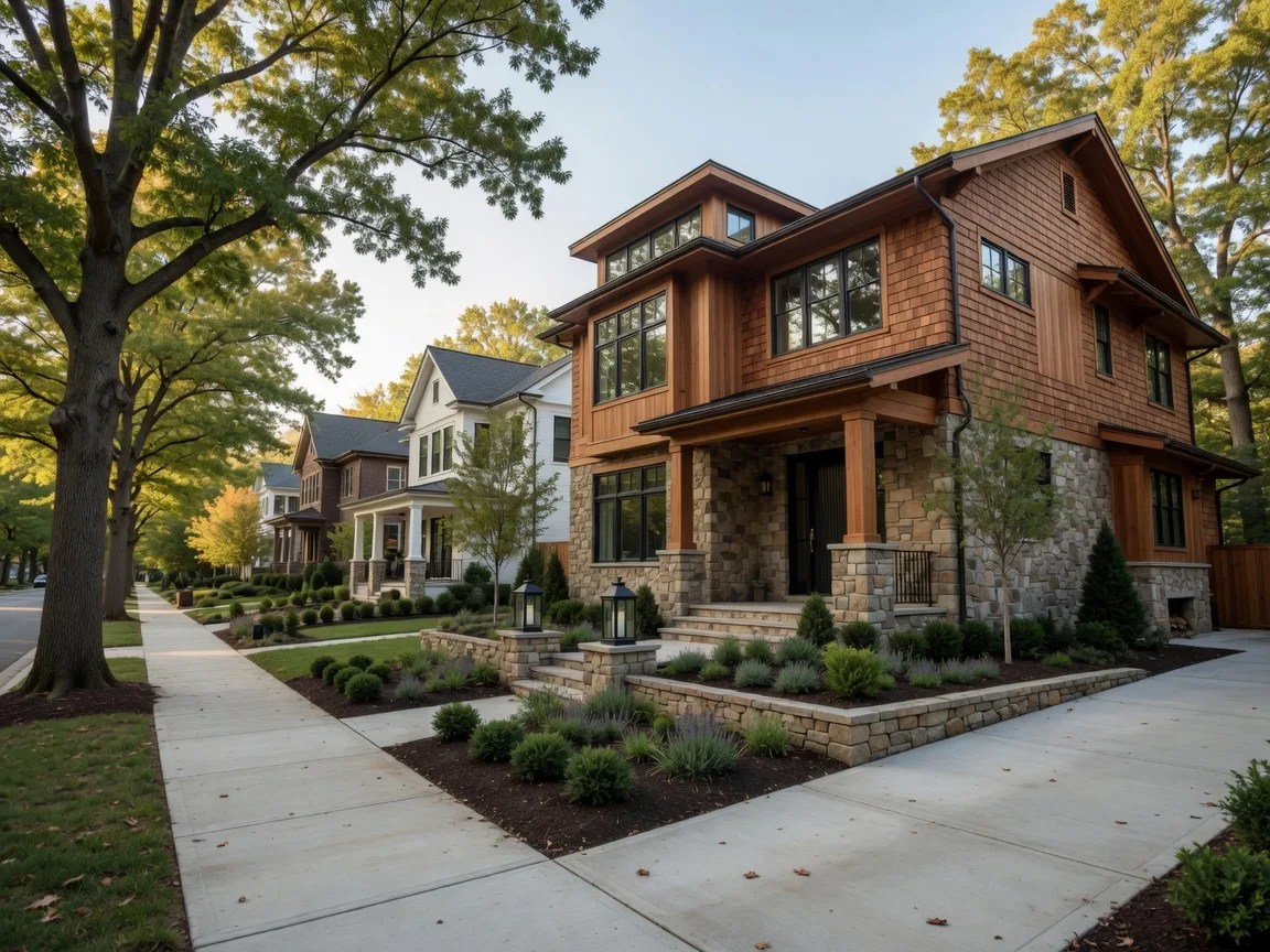 A modern sunlit residence with limestone and a white facades near downtown Bethesda