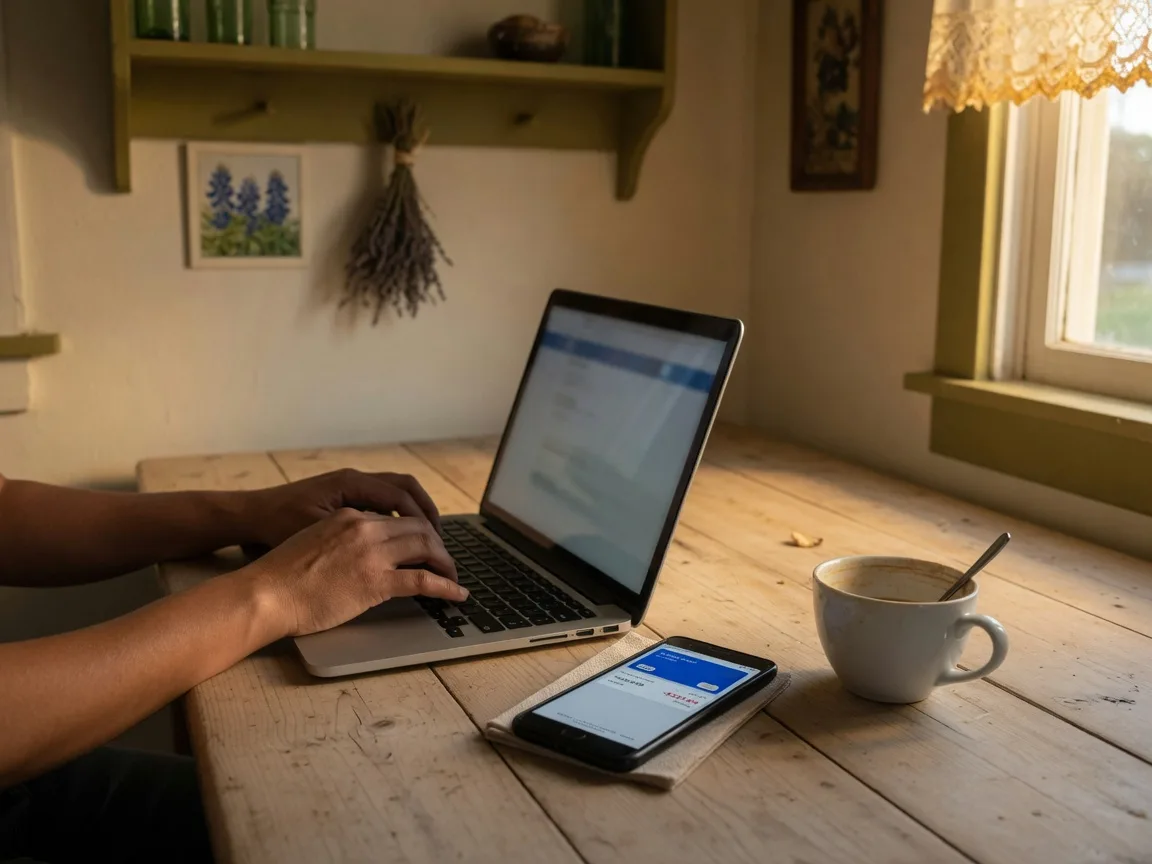 Hands typing on a laptop at a kitchen table beside a smartphone showing a bank notification, a cautionary scene for closing wire fraud