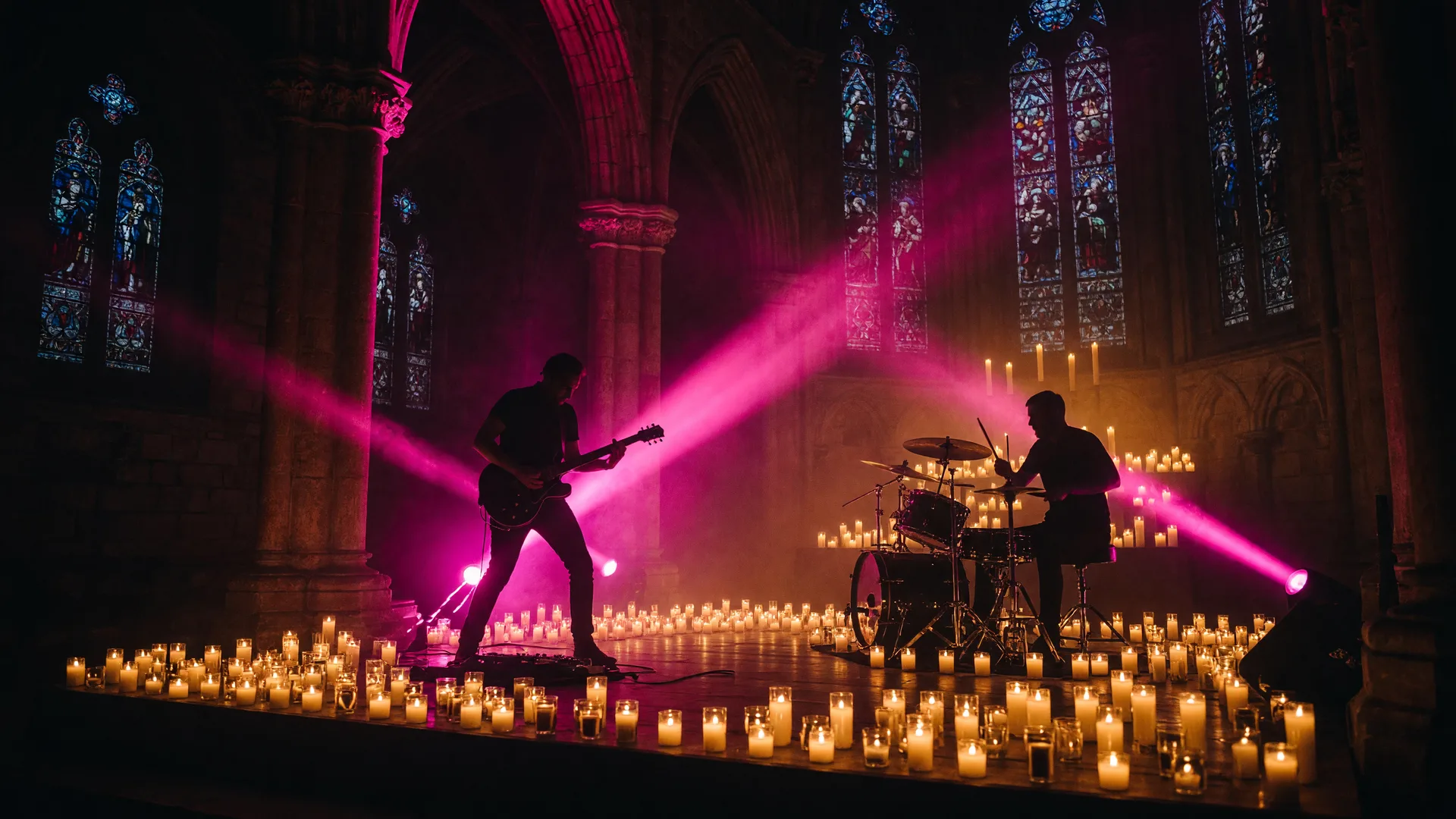 A candlelit concert in a grand chapel with a magenta and pink stage wash over warm amber candlelight
