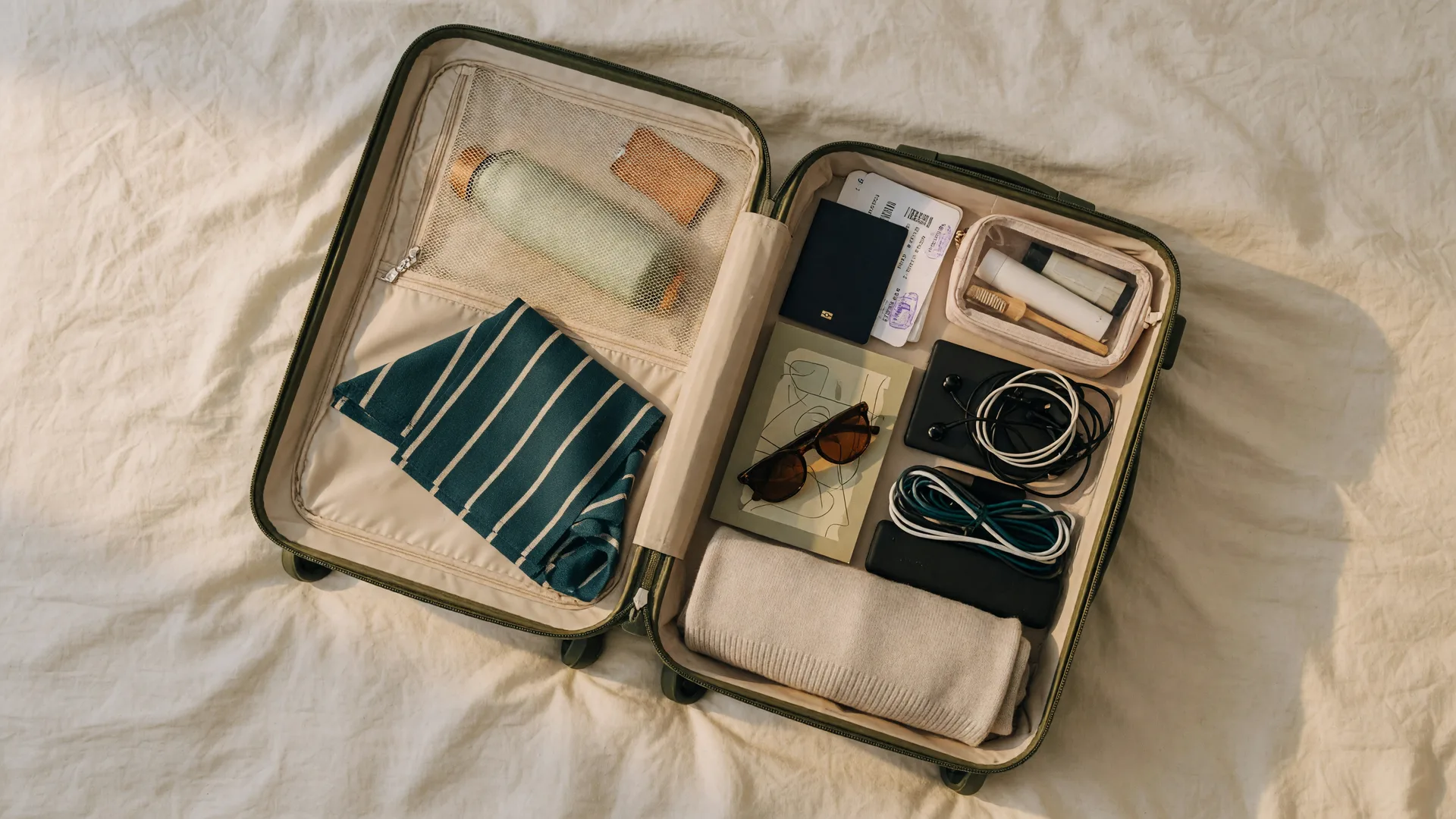Un equipaje de mano abierto y empacado con lo esencial para viajar: pasaporte, neceser, cables, audífonos, un libro y una botella de agua rellenable
