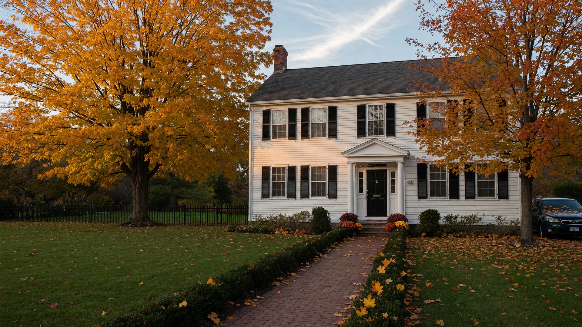 A classic New England colonial home in Connecticut in autumn