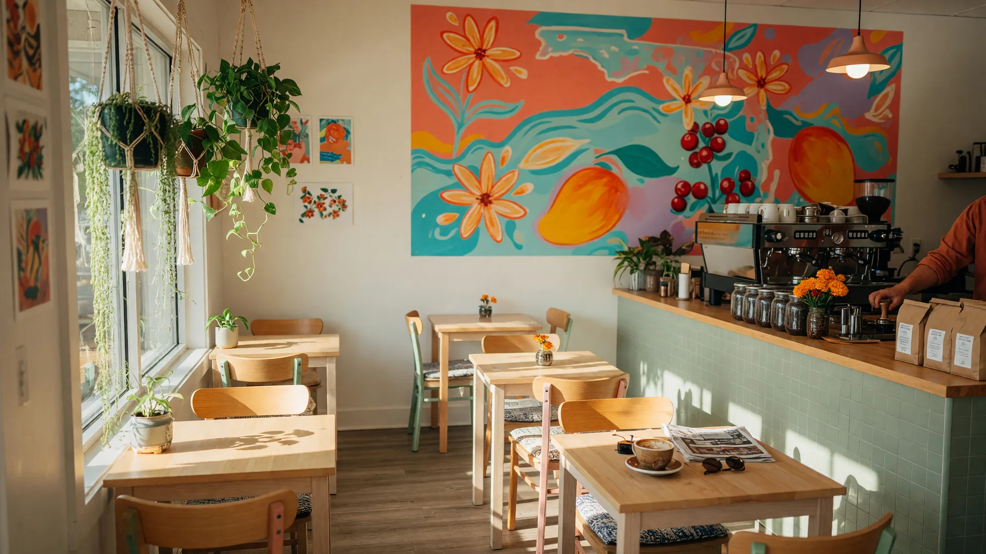 Bright interior of Take Two Coffee + Donuts in Fort Myers, Florida with white walls, colorful mural accents, plants hanging from macrame, and a tidy espresso bar