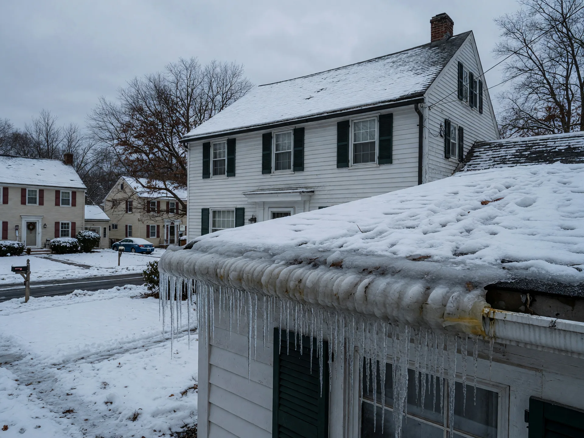 Thick ice dam ridge along the gutter line of a colonial home with long icicles under an overcast winter sky