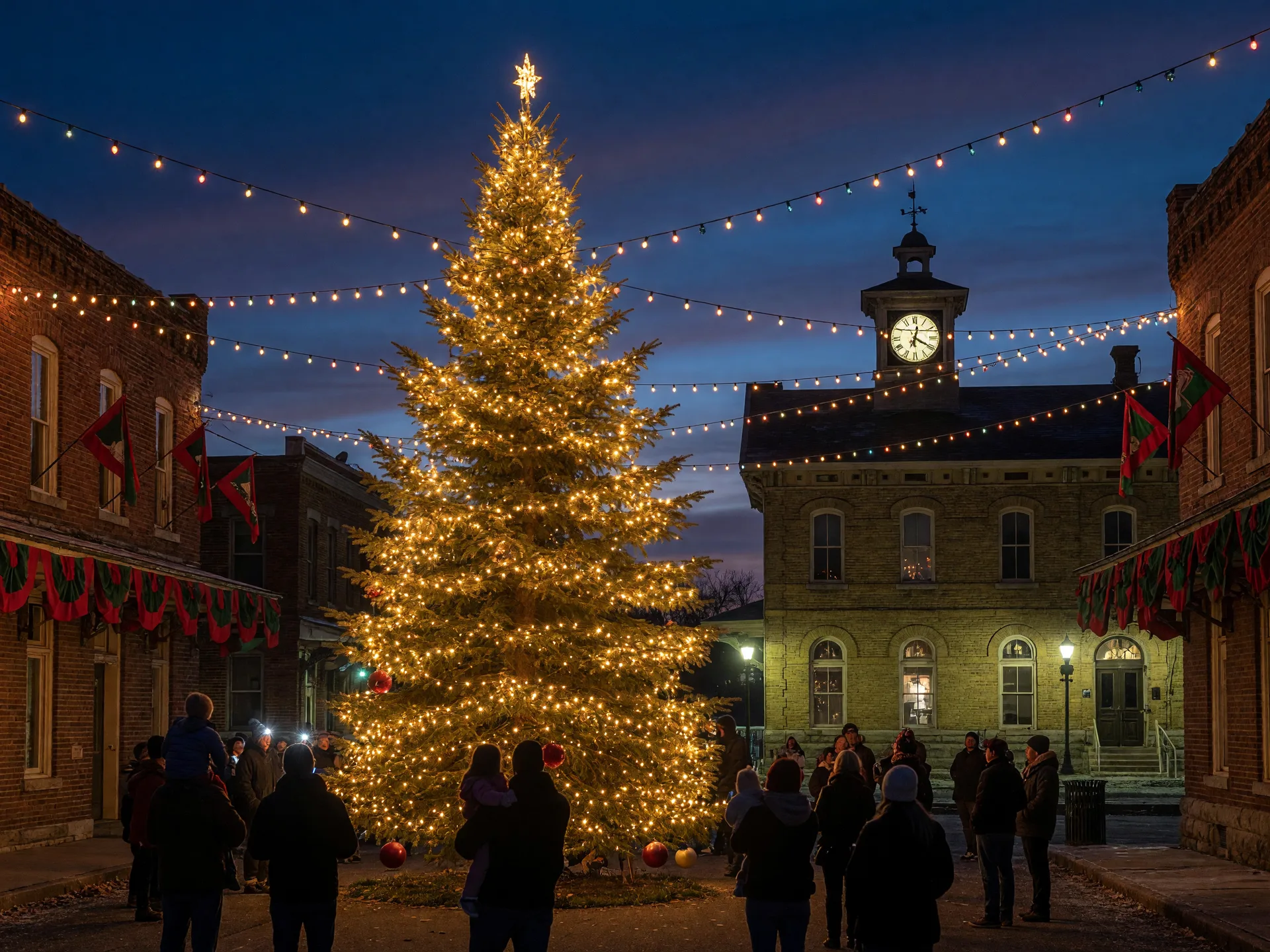 A small-town Christmas tree lighting ceremony in a historic square, with a glowing evergreen and a vintage train depot in the background