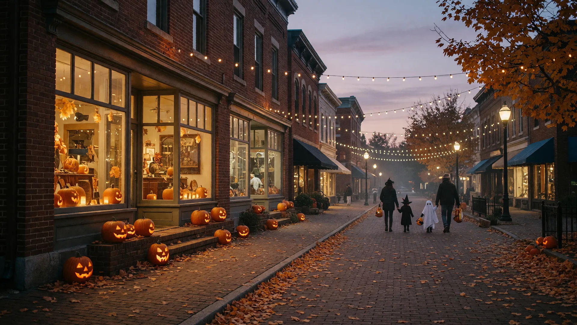 A small-town Main Street at dusk with glowing storefronts, string lights, and carved jack-o'-lanterns for Halloween weekend