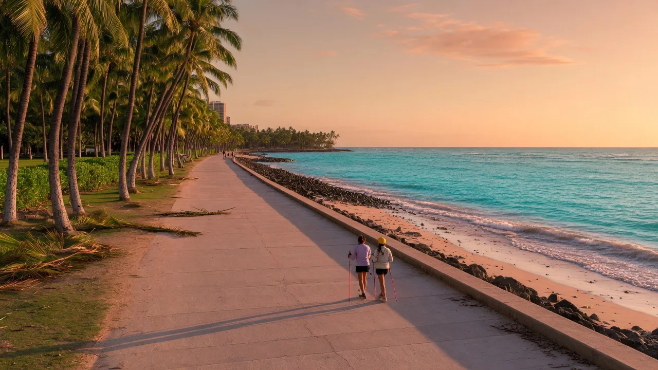 A wide paved walking path along a Honolulu shoreline at golden hour, with distant walkers and palm trees in warm low light