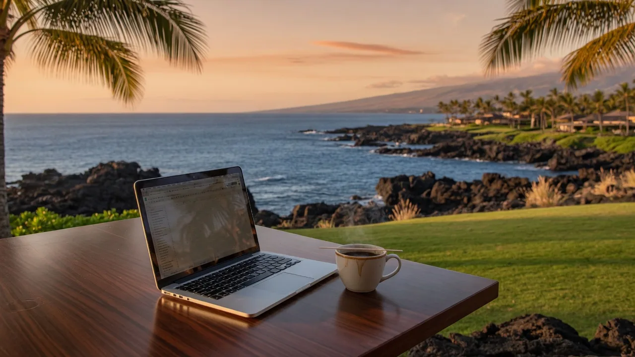 An open laptop and a cup of coffee on a lānai table overlooking the Kohala Coast at golden hour