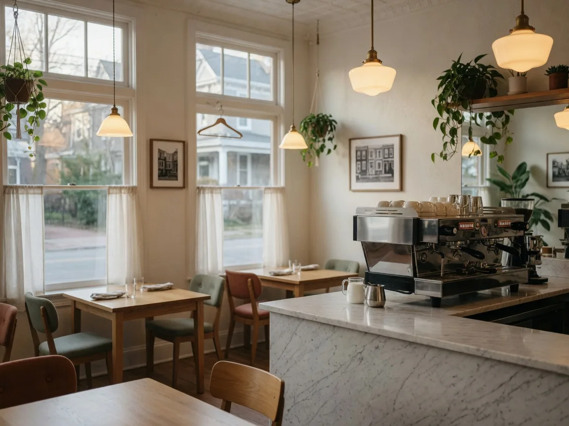 Cozy Main Line cafe interior with wooden tables, a marble coffee bar, and warm morning light