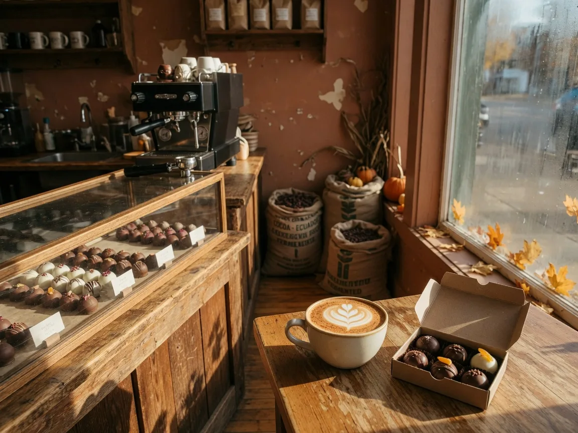 The interior of Winans Coffee and Chocolate in downtown Troy, Ohio on a crisp October morning, a wooden counter with an espresso machine and a glass case of hand-dipped chocolates, a latte with leaf foam art and a box of artisan chocolates on a wooden table in golden window light
