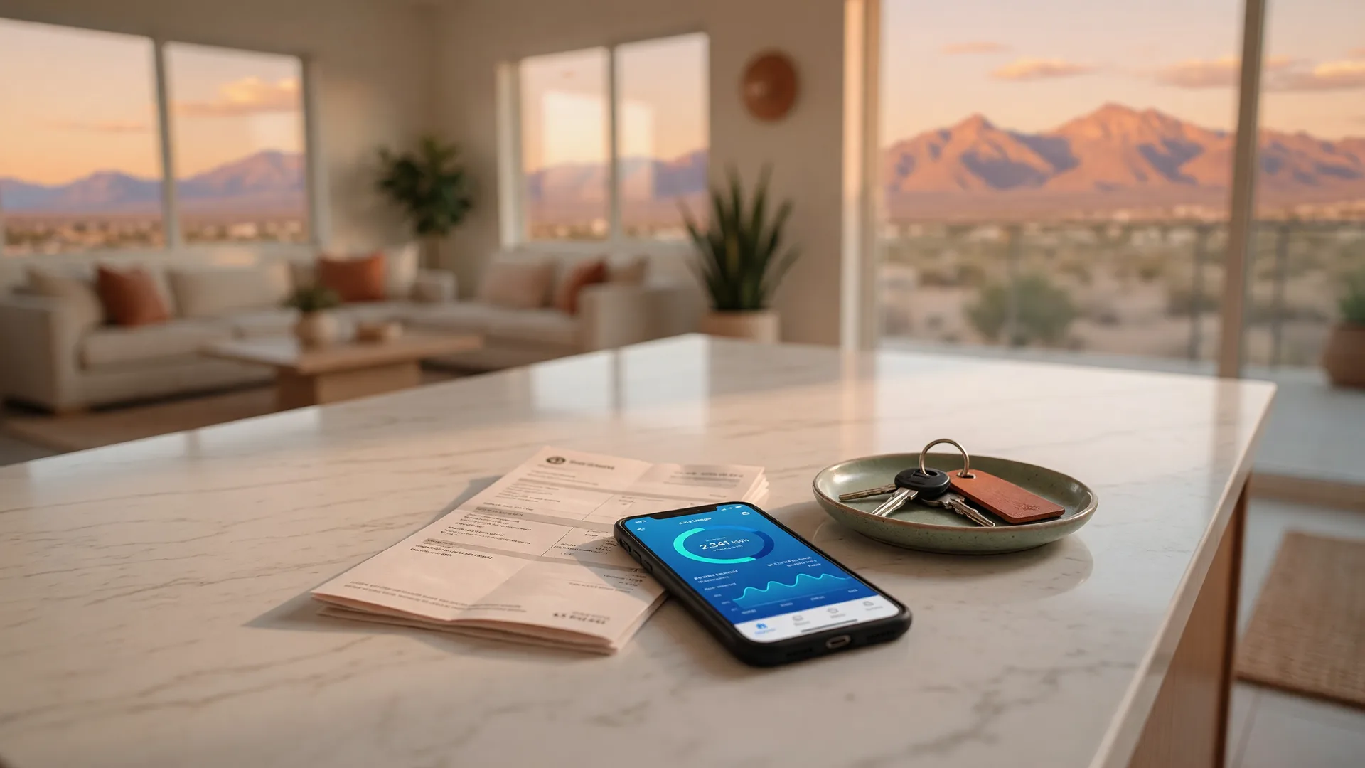 Countertop with a utility bill, smartphone showing an energy app, and keys in a modern Southwest Las Vegas home with mountain views through the window