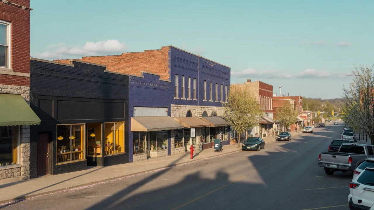 Quiet Northland main street storefronts on a bright spring morning with warm low light