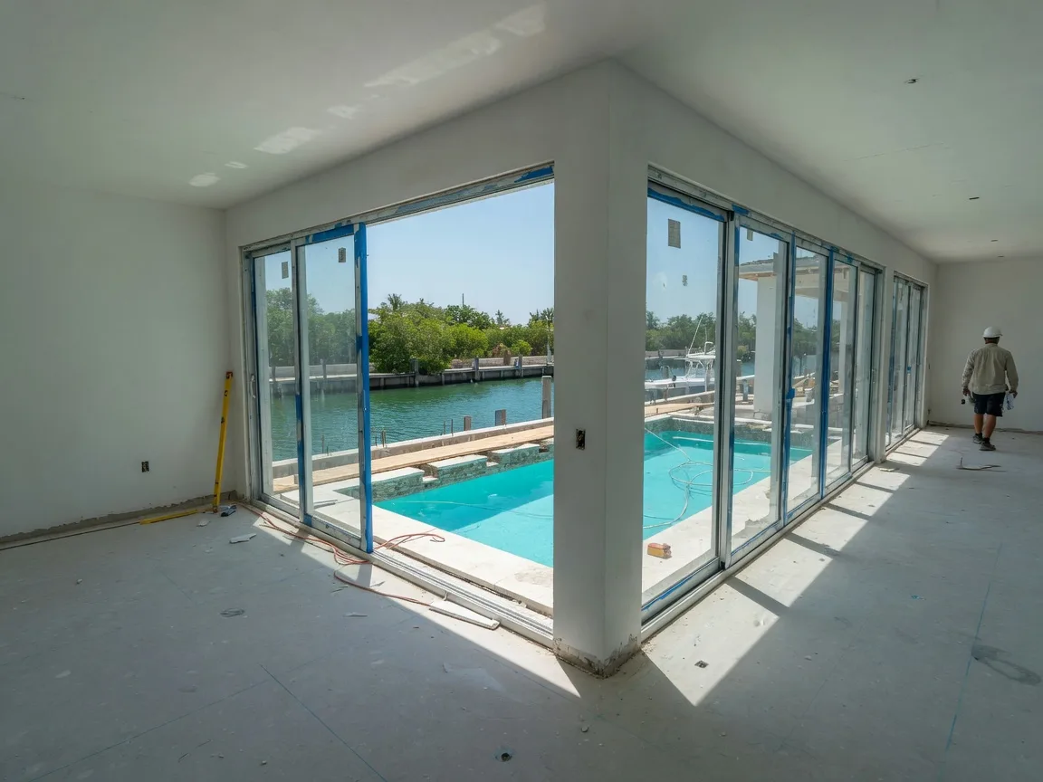 Sunlit great room of a new South Florida home with impact glass doors framing a pool and canal