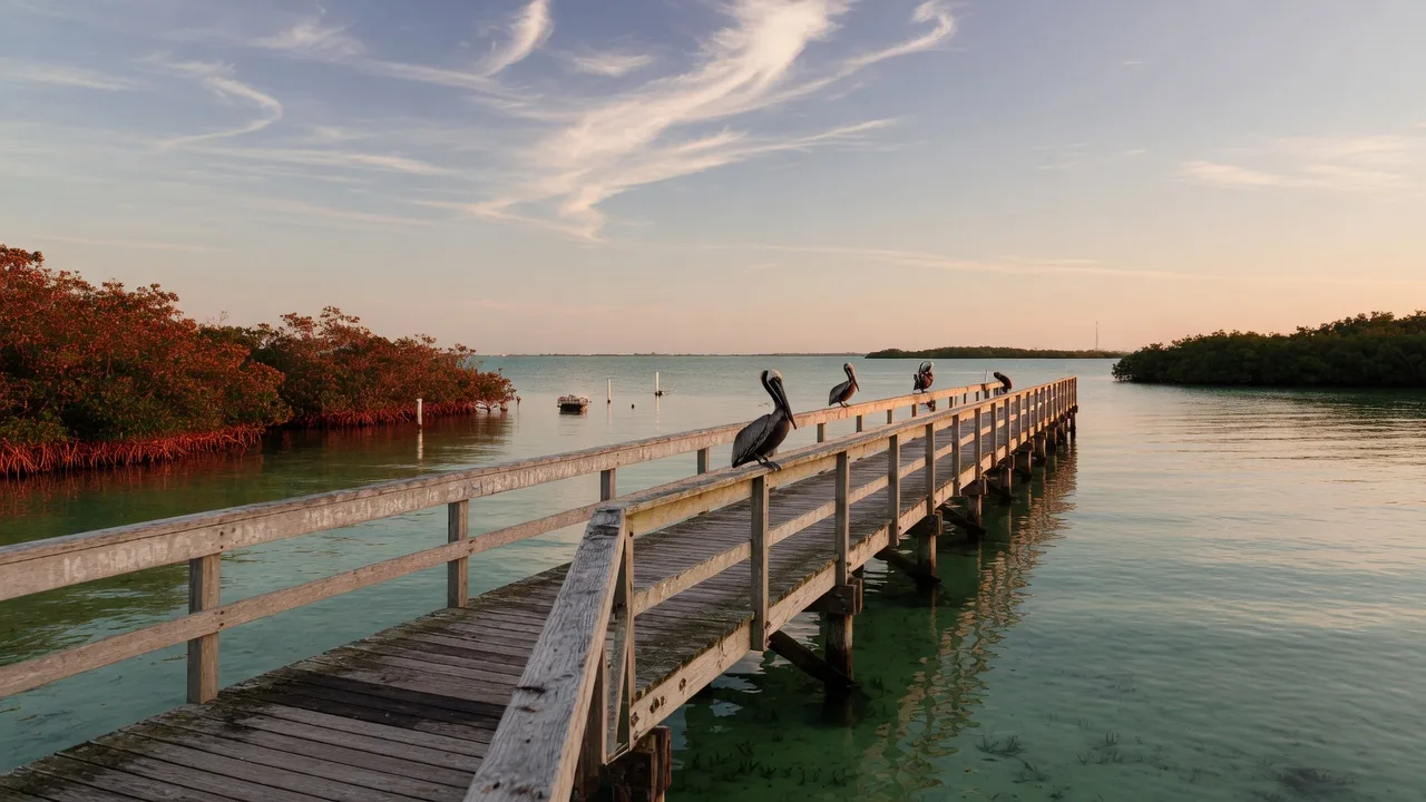 A weathered wooden fishing pier over calm bayside water with mangrove shorelines and pelicans perched on the railing