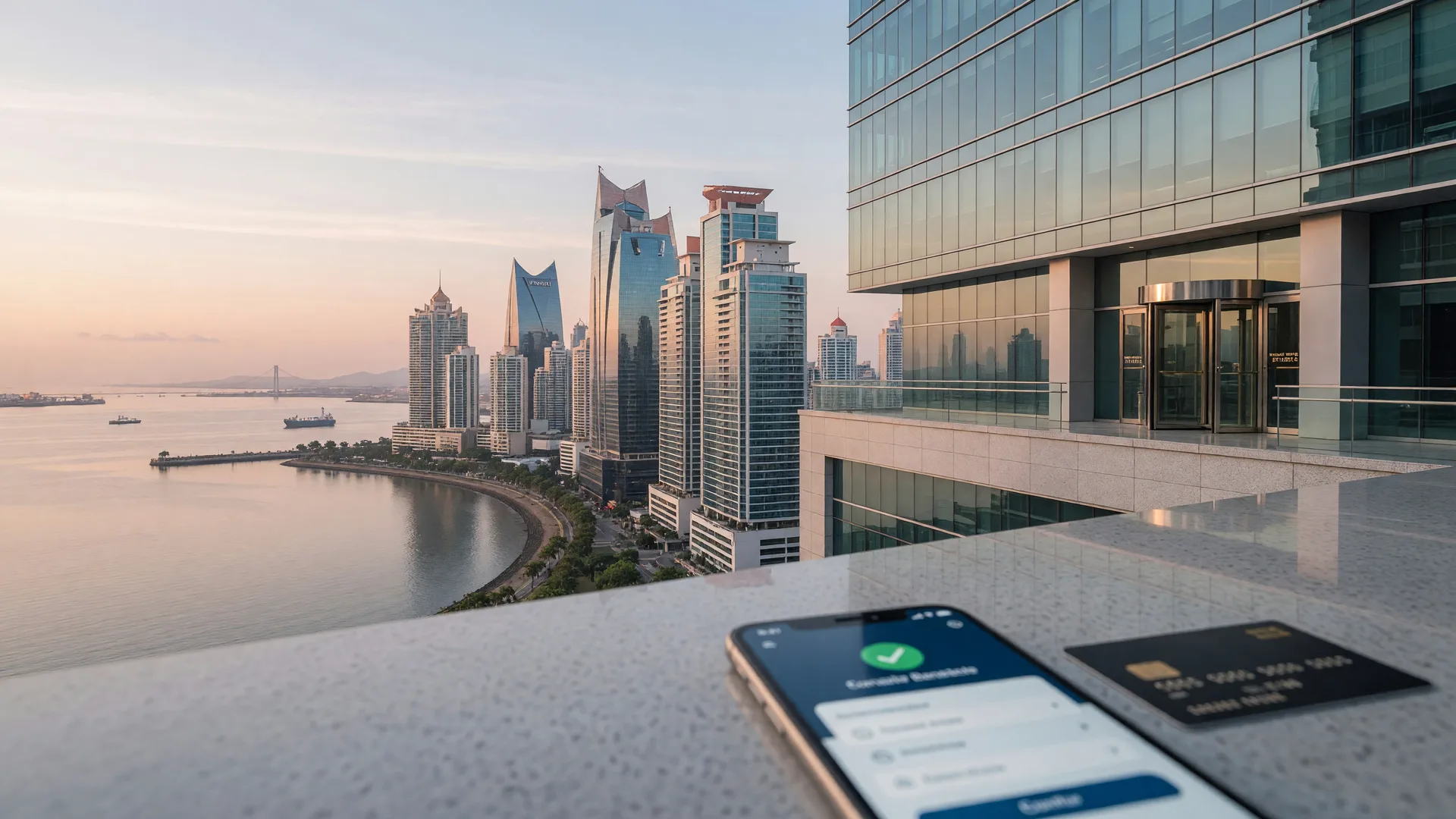 Panama City banking district skyline at golden hour representing a secure international money transfer for a property purchase