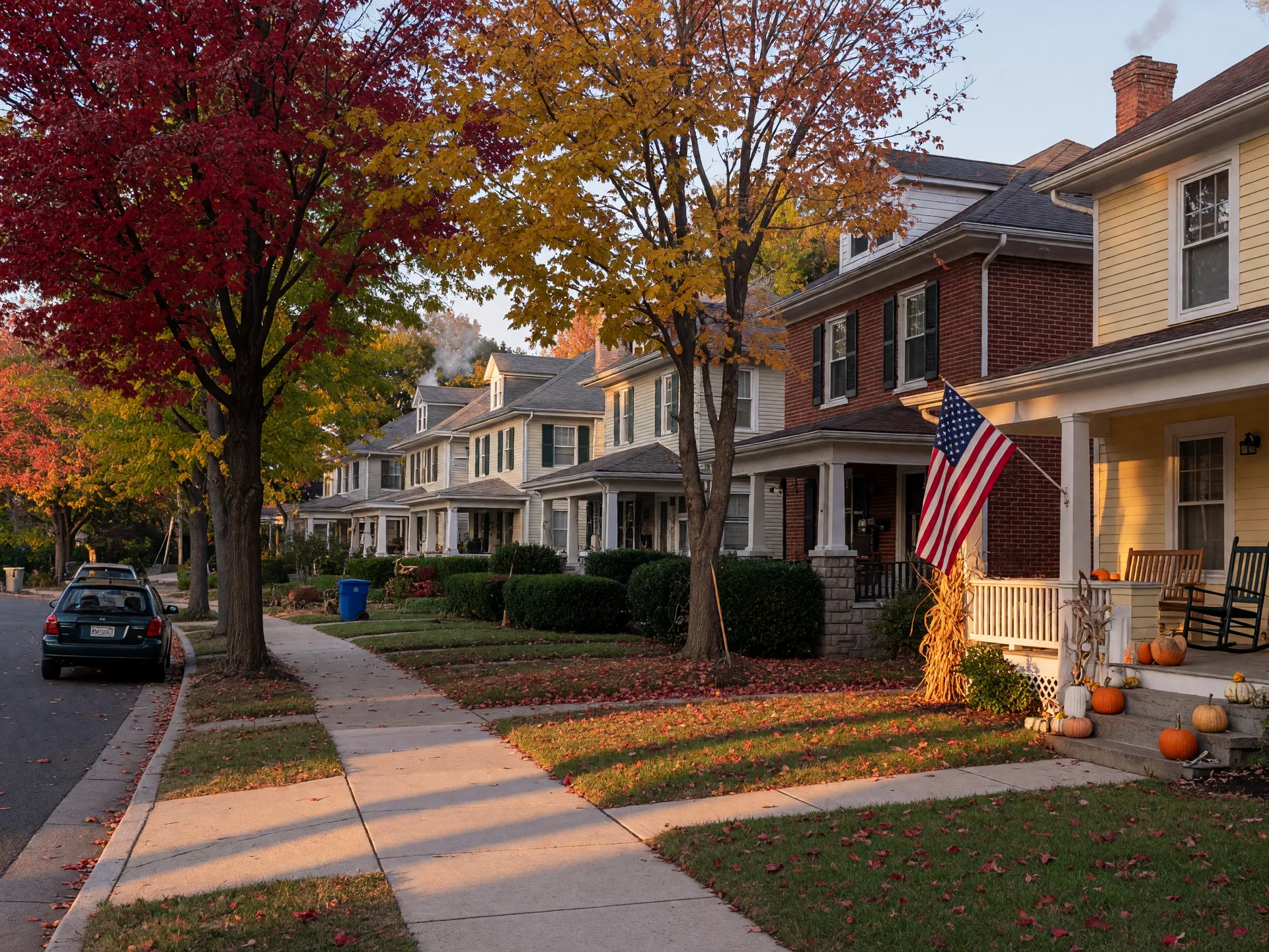Leafy suburban street in the DC Metro area on an October afternoon with colonial homes, mature maples turning red and gold, long autumn shadows across the street, and a porch with pumpkins and an American flag