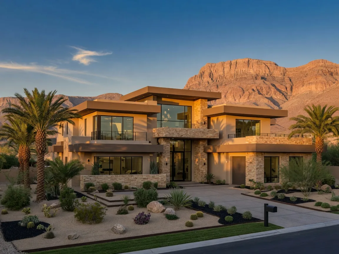 Newly built luxury estate home with contemporary architecture and desert landscaping in a Summerlin master-planned community