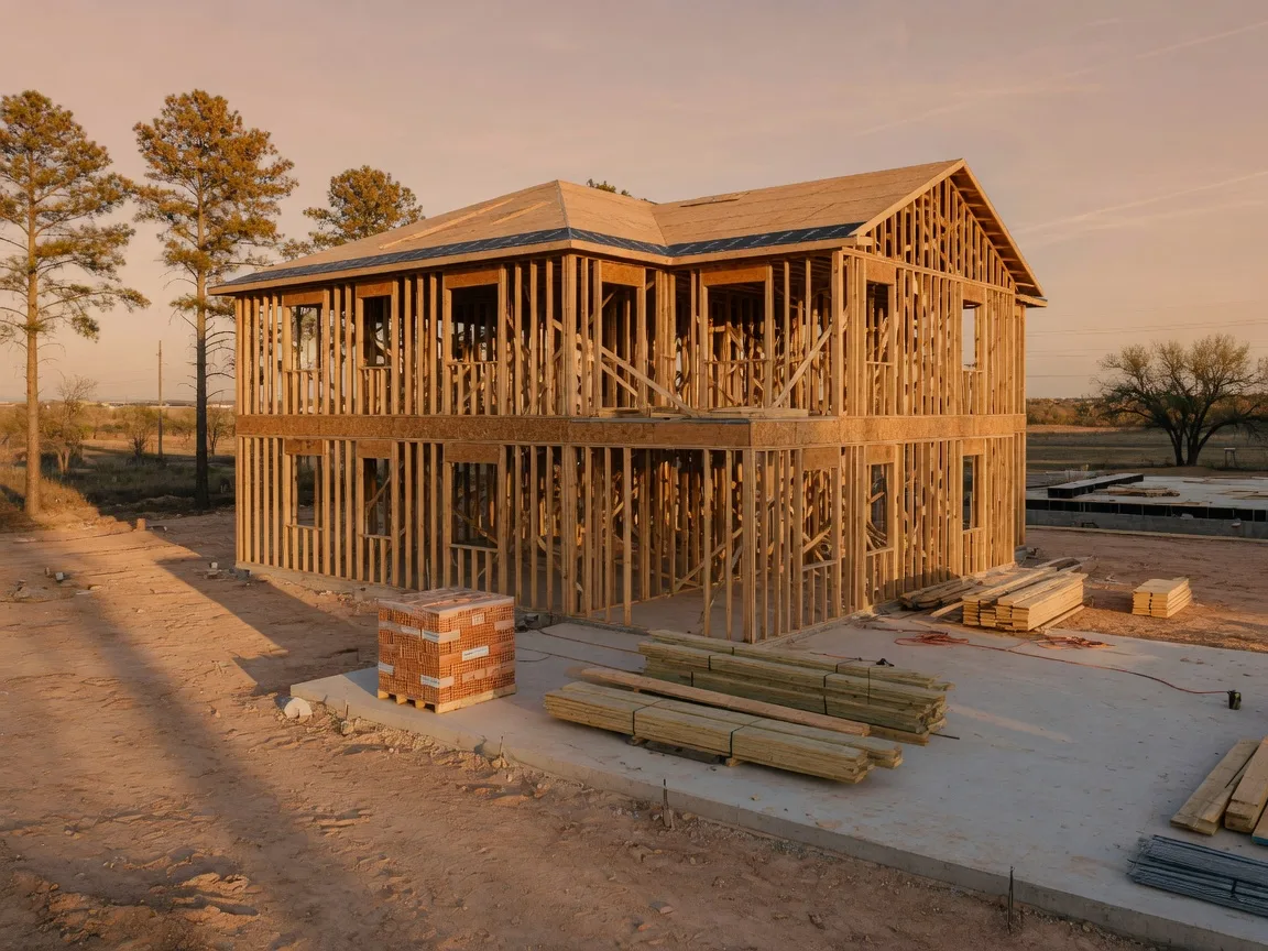 Wood framing of a new two-story North Texas home at golden hour