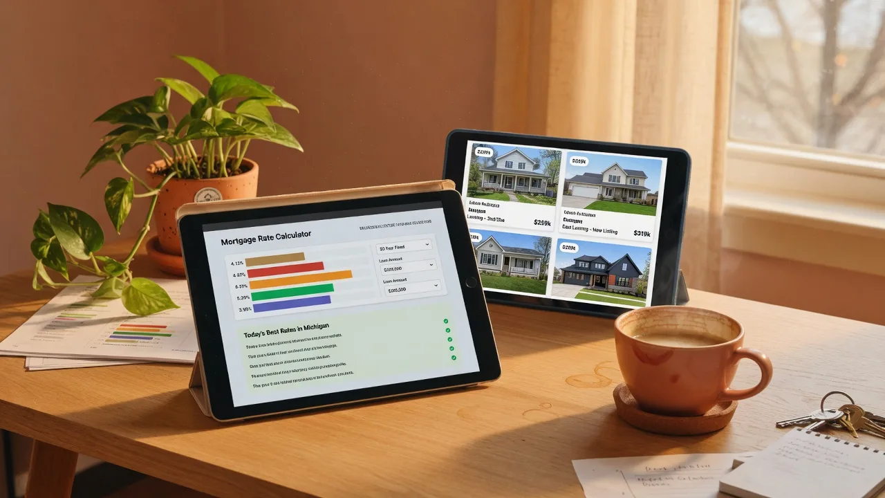 A tablet and smartphone on a wooden desk displaying mortgage rate data and real estate listings, with coffee and a house plant in warm afternoon light
