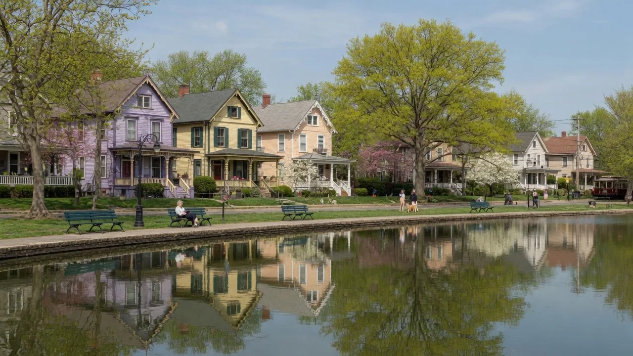 Ridley Park lake with historic Victorian homes and scenic surroundings